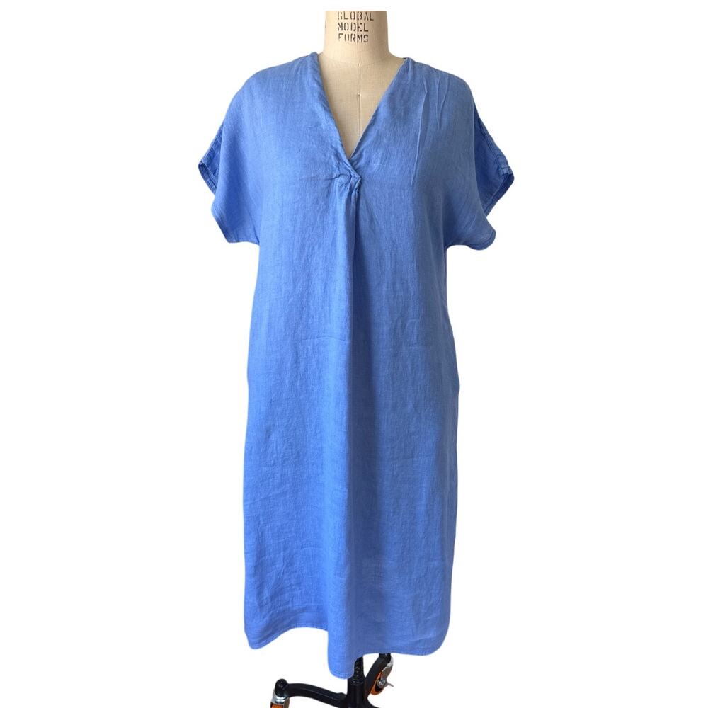 La Contessa Blue 100% Linen Dress Midi Length Size Large Vacation Travel